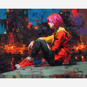 punk, palette knife, oil painting, impasto, textured strokes, vivid colors, expressive art, modern painting, bold composition, dramatic light, color contrast, atmospheric, visual storytelling, contemporary art, creative, illustrative