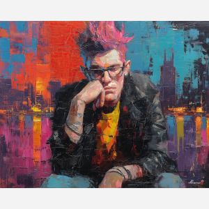 punk, palette knife, oil painting, impasto, textured strokes, vivid colors, expressive art, modern painting, bold composition, dramatic light, color contrast, atmospheric, visual storytelling, contemporary art, creative, illustrative