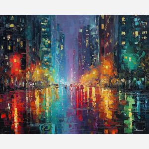 urban, palette knife, oil painting, impasto, textured strokes, vivid colors, expressive art, modern painting, bold composition, dramatic light, color contrast, atmospheric, visual storytelling, contemporary art, creative, illustrative