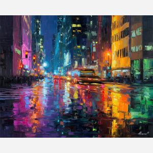 urban, palette knife, oil painting, impasto, textured strokes, vivid colors, expressive art, modern painting, bold composition, dramatic light, color contrast, atmospheric, visual storytelling, contemporary art, creative, illustrative