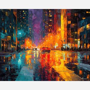 urban, palette knife, oil painting, impasto, textured strokes, vivid colors, expressive art, modern painting, bold composition, dramatic light, color contrast, atmospheric, visual storytelling, contemporary art, creative, illustrative