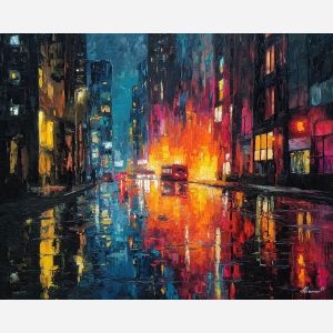 urban, palette knife, oil painting, impasto, textured strokes, vivid colors, expressive art, modern painting, bold composition, dramatic light, color contrast, atmospheric, visual storytelling, contemporary art, creative, illustrative
