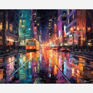 urban, palette knife, oil painting, impasto, textured strokes, vivid colors, expressive art, modern painting, bold composition, dramatic light, color contrast, atmospheric, visual storytelling, contemporary art, creative, illustrative