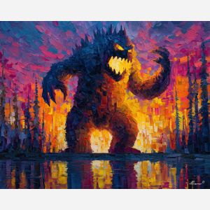 monster, palette knife, oil painting, impasto, textured strokes, vivid colors, expressive art, modern painting, bold composition, dramatic light, color contrast, atmospheric, visual storytelling, contemporary art, creative, illustrative