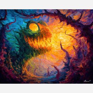 monster, palette knife, oil painting, impasto, textured strokes, vivid colors, expressive art, modern painting, bold composition, dramatic light, color contrast, atmospheric, visual storytelling, contemporary art, creative, illustrative