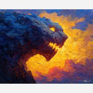 monster, palette knife, oil painting, impasto, textured strokes, vivid colors, expressive art, modern painting, bold composition, dramatic light, color contrast, atmospheric, visual storytelling, contemporary art, creative, illustrative
