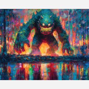 monster, palette knife, oil painting, impasto, textured strokes, vivid colors, expressive art, modern painting, bold composition, dramatic light, color contrast, atmospheric, visual storytelling, contemporary art, creative, illustrative