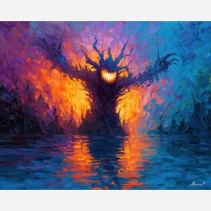 monster, palette knife, oil painting, impasto, textured strokes, vivid colors, expressive art, modern painting, bold composition, dramatic light, color contrast, atmospheric, visual storytelling, contemporary art, creative, illustrative