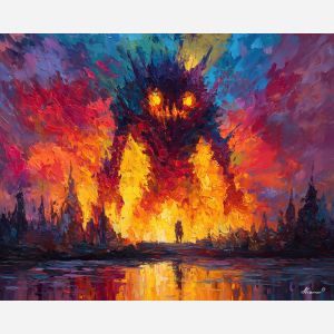 monster, palette knife, oil painting, impasto, textured strokes, vivid colors, expressive art, modern painting, bold composition, dramatic light, color contrast, atmospheric, visual storytelling, contemporary art, creative, illustrative