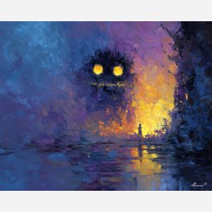 monster, palette knife, oil painting, impasto, textured strokes, vivid colors, expressive art, modern painting, bold composition, dramatic light, color contrast, atmospheric, visual storytelling, contemporary art, creative, illustrative