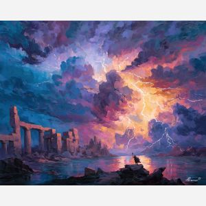 greek, mythology, palette knife, oil painting, impasto, textured strokes, vivid colors, expressive art, modern painting, bold composition, dramatic light, color contrast, atmospheric, visual storytelling, contemporary art, creative, illustrative