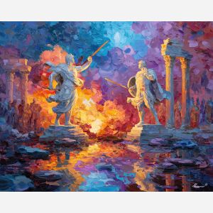 greek, mythology, palette knife, oil painting, impasto, textured strokes, vivid colors, expressive art, modern painting, bold composition, dramatic light, color contrast, atmospheric, visual storytelling, contemporary art, creative, illustrative