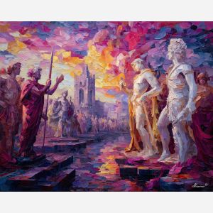 greek, mythology, palette knife, oil painting, impasto, textured strokes, vivid colors, expressive art, modern painting, bold composition, dramatic light, color contrast, atmospheric, visual storytelling, contemporary art, creative, illustrative