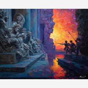 greek, mythology, palette knife, oil painting, impasto, textured strokes, vivid colors, expressive art, modern painting, bold composition, dramatic light, color contrast, atmospheric, visual storytelling, contemporary art, creative, illustrative