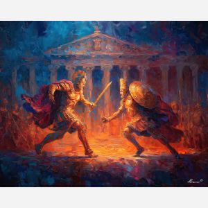 greek, mythology, palette knife, oil painting, impasto, textured strokes, vivid colors, expressive art, modern painting, bold composition, dramatic light, color contrast, atmospheric, visual storytelling, contemporary art, creative, illustrative