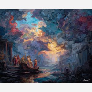 greek, mythology, palette knife, oil painting, impasto, textured strokes, vivid colors, expressive art, modern painting, bold composition, dramatic light, color contrast, atmospheric, visual storytelling, contemporary art, creative, illustrative