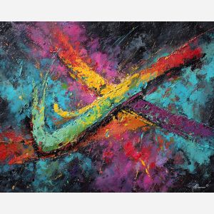 calligraphy, palette knife, oil painting, impasto, textured strokes, vivid colors, expressive art, modern painting, bold composition, dramatic light, color contrast, atmospheric, visual storytelling, contemporary art, creative, illustrative