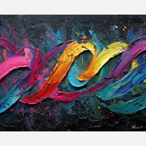 calligraphy, palette knife, oil painting, impasto, textured strokes, vivid colors, expressive art, modern painting, bold composition, dramatic light, color contrast, atmospheric, visual storytelling, contemporary art, creative, illustrative