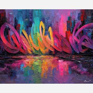 calligraphy, palette knife, oil painting, impasto, textured strokes, vivid colors, expressive art, modern painting, bold composition, dramatic light, color contrast, atmospheric, visual storytelling, contemporary art, creative, illustrative