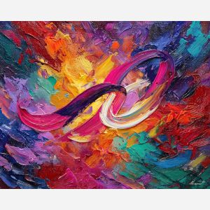 calligraphy, palette knife, oil painting, impasto, textured strokes, vivid colors, expressive art, modern painting, bold composition, dramatic light, color contrast, atmospheric, visual storytelling, contemporary art, creative, illustrative