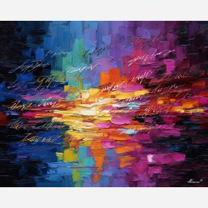 calligraphy, palette knife, oil painting, impasto, textured strokes, vivid colors, expressive art, modern painting, bold composition, dramatic light, color contrast, atmospheric, visual storytelling, contemporary art, creative, illustrative