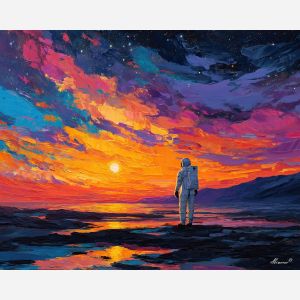 astronaut, palette knife, oil painting, impasto, textured strokes, vivid colors, expressive art, modern painting, bold composition, dramatic light, color contrast, atmospheric, visual storytelling, contemporary art, creative, illustrative