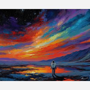 astronaut, palette knife, oil painting, impasto, textured strokes, vivid colors, expressive art, modern painting, bold composition, dramatic light, color contrast, atmospheric, visual storytelling, contemporary art, creative, illustrative