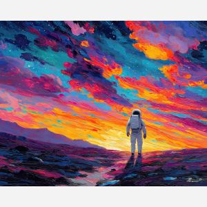 astronaut, palette knife, oil painting, impasto, textured strokes, vivid colors, expressive art, modern painting, bold composition, dramatic light, color contrast, atmospheric, visual storytelling, contemporary art, creative, illustrative