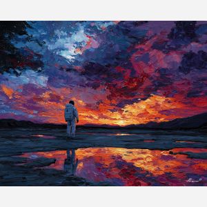 astronaut, palette knife, oil painting, impasto, textured strokes, vivid colors, expressive art, modern painting, bold composition, dramatic light, color contrast, atmospheric, visual storytelling, contemporary art, creative, illustrative