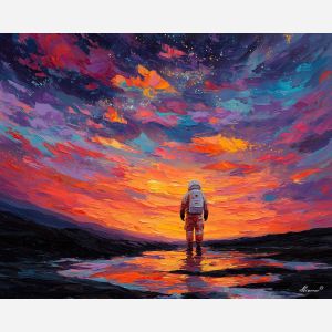 astronaut, palette knife, oil painting, impasto, textured strokes, vivid colors, expressive art, modern painting, bold composition, dramatic light, color contrast, atmospheric, visual storytelling, contemporary art, creative, illustrative