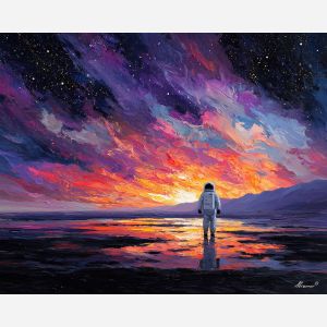 astronaut, palette knife, oil painting, impasto, textured strokes, vivid colors, expressive art, modern painting, bold composition, dramatic light, color contrast, atmospheric, visual storytelling, contemporary art, creative, illustrative