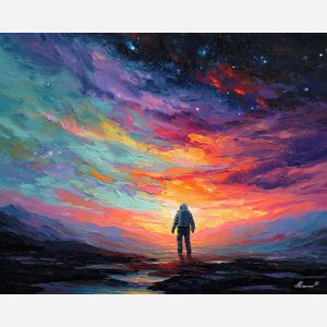 astronaut, palette knife, oil painting, impasto, textured strokes, vivid colors, expressive art, modern painting, bold composition, dramatic light, color contrast, atmospheric, visual storytelling, contemporary art, creative, illustrative