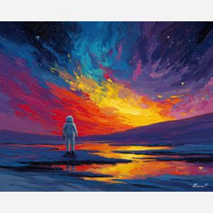 astronaut, palette knife, oil painting, impasto, textured strokes, vivid colors, expressive art, modern painting, bold composition, dramatic light, color contrast, atmospheric, visual storytelling, contemporary art, creative, illustrative