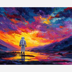 astronaut, palette knife, oil painting, impasto, textured strokes, vivid colors, expressive art, modern painting, bold composition, dramatic light, color contrast, atmospheric, visual storytelling, contemporary art, creative, illustrative