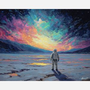 astronaut, palette knife, oil painting, impasto, textured strokes, vivid colors, expressive art, modern painting, bold composition, dramatic light, color contrast, atmospheric, visual storytelling, contemporary art, creative, illustrative