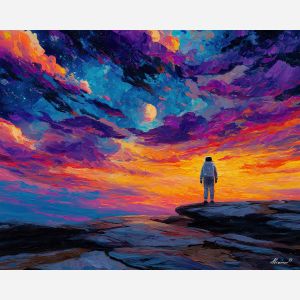 astronaut, palette knife, oil painting, impasto, textured strokes, vivid colors, expressive art, modern painting, bold composition, dramatic light, color contrast, atmospheric, visual storytelling, contemporary art, creative, illustrative