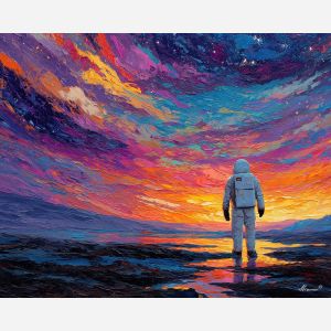 astronaut, palette knife, oil painting, impasto, textured strokes, vivid colors, expressive art, modern painting, bold composition, dramatic light, color contrast, atmospheric, visual storytelling, contemporary art, creative, illustrative