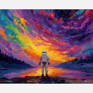 astronaut, palette knife, oil painting, impasto, textured strokes, vivid colors, expressive art, modern painting, bold composition, dramatic light, color contrast, atmospheric, visual storytelling, contemporary art, creative, illustrative
