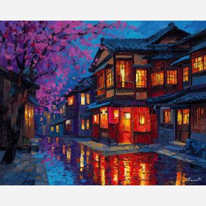 japan, palette knife, oil painting, impasto, textured strokes, vivid colors, expressive art, modern painting, bold composition, dramatic light, color contrast, atmospheric, visual storytelling, contemporary art, creative, illustrative