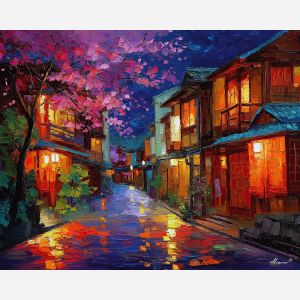 japan, palette knife, oil painting, impasto, textured strokes, vivid colors, expressive art, modern painting, bold composition, dramatic light, color contrast, atmospheric, visual storytelling, contemporary art, creative, illustrative