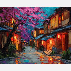 japan, palette knife, oil painting, impasto, textured strokes, vivid colors, expressive art, modern painting, bold composition, dramatic light, color contrast, atmospheric, visual storytelling, contemporary art, creative, illustrative