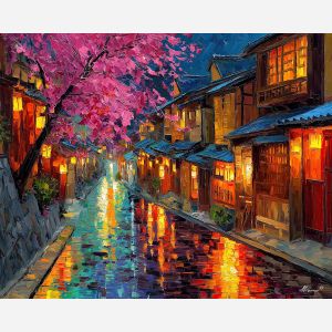 japan, palette knife, oil painting, impasto, textured strokes, vivid colors, expressive art, modern painting, bold composition, dramatic light, color contrast, atmospheric, visual storytelling, contemporary art, creative, illustrative