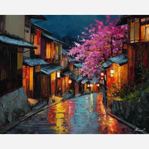 japan, palette knife, oil painting, impasto, textured strokes, vivid colors, expressive art, modern painting, bold composition, dramatic light, color contrast, atmospheric, visual storytelling, contemporary art, creative, illustrative