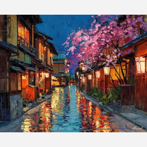 japan, palette knife, oil painting, impasto, textured strokes, vivid colors, expressive art, modern painting, bold composition, dramatic light, color contrast, atmospheric, visual storytelling, contemporary art, creative, illustrative