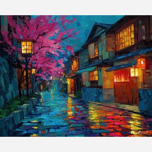 japan, palette knife, oil painting, impasto, textured strokes, vivid colors, expressive art, modern painting, bold composition, dramatic light, color contrast, atmospheric, visual storytelling, contemporary art, creative, illustrative