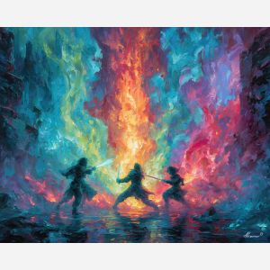 video, game, palette knife, oil painting, impasto, textured strokes, vivid colors, expressive art, modern painting, bold composition, dramatic light, color contrast, atmospheric, visual storytelling, contemporary art, creative, illustrative