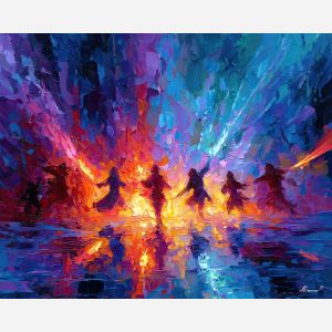 video, game, palette knife, oil painting, impasto, textured strokes, vivid colors, expressive art, modern painting, bold composition, dramatic light, color contrast, atmospheric, visual storytelling, contemporary art, creative, illustrative