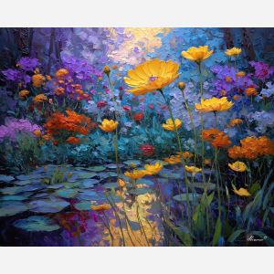 lunar, garden, palette knife, oil painting, impasto, textured strokes, vivid colors, modern art, expressive painting, bold composition, atmospheric, dramatic light, color contrast, contemporary, visual storytelling, creative art, fine art