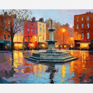 dublin, stone, fountain, square, soft, spring, morning, palette knife, oil painting, impasto, textured strokes, romantic cityscape, travel painting, colorful reflections, atmospheric light, vivid colors, evening glow, fine art, contemporary impressionism, bold color contrast
