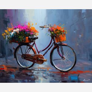 kuala lumpur, vintage, bicycle, flowers, misty, dawn, light, palette knife, oil painting, impasto, textured strokes, romantic cityscape, travel painting, colorful reflections, atmospheric light, vivid colors, evening glow, fine art, contemporary impressionism, bold color contrast